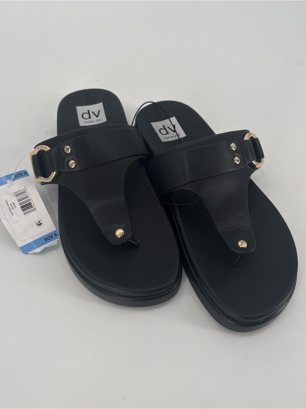 Dolce Vita Black Leather Thong Sandals with Gold Accents